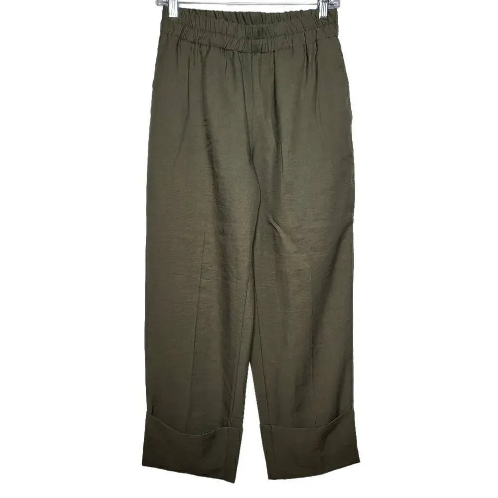 NEW Zara High Waist Olive Turn Up Hem Trousers Pants Size Small - Picture 3 of 9